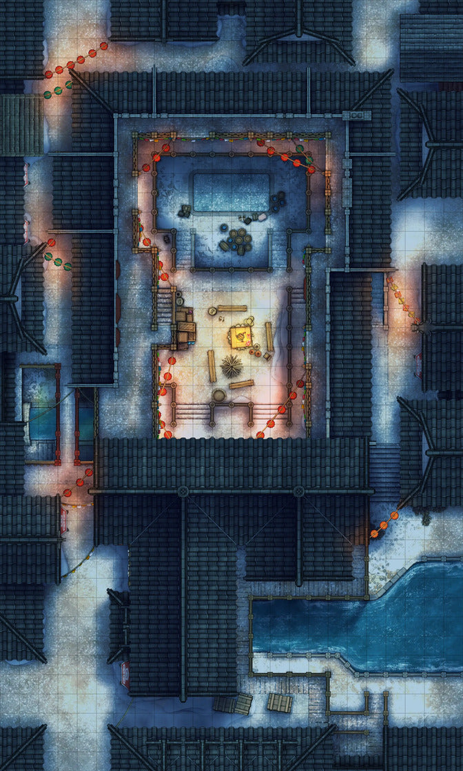 Asian City Slums Gang Hideout Battlemap - overhead view snowy lantern-lit town - Digital, Foundry VTT, Print