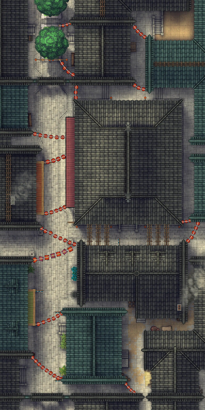 Chinese City Red Light District Battlemap - overhead view asian city street - Digital, Foundry VTT, Print