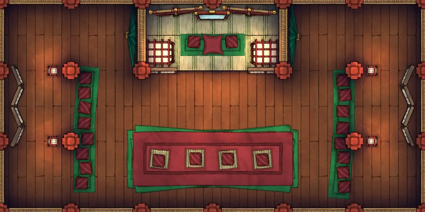 Fox Spirit’s Island Palace - Modular Dungeon Tileset Battlemap - wooden coffee table green red - Digital, Foundry VTT,