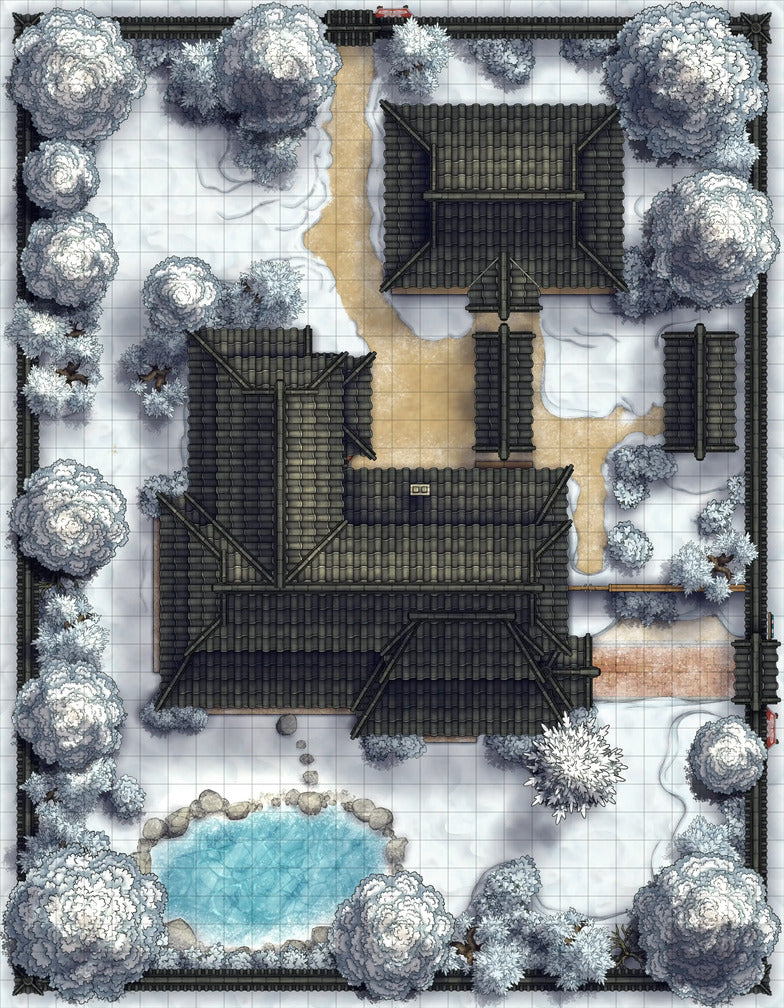 Japanese Manor - Tendo Dojo Battlemap - snowy japanese estate - Digital, Foundry VTT, Print
