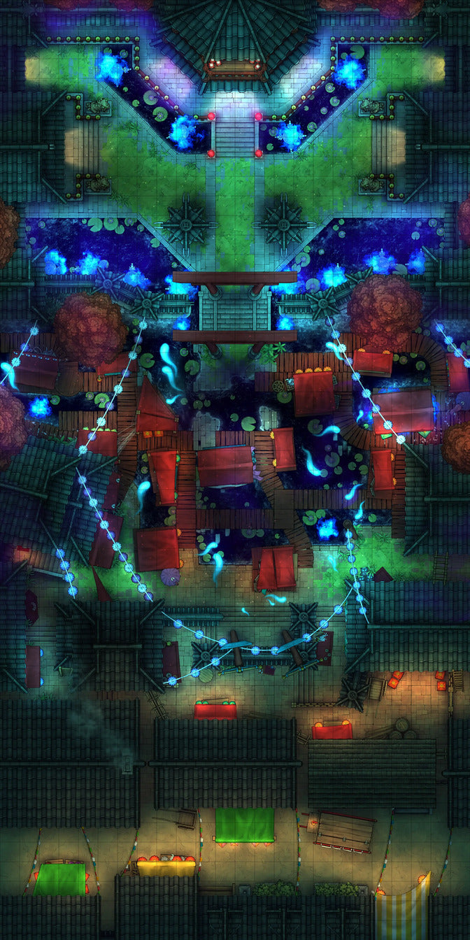 Youkai Night Market & Spirit Realm Entrance Battlemap - elaborate fantasy city map - Digital, Foundry VTT, Print