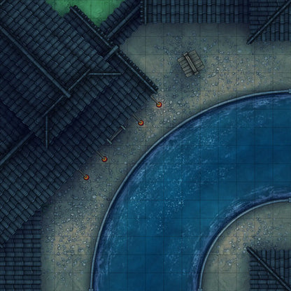 Modular Japanese City Streets Tileset Battlemap - overhead view curved waterway - Digital, Foundry VTT, Print
