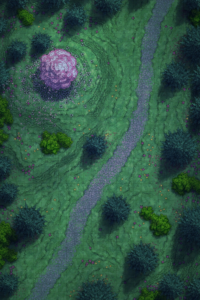 Grassy Road Battlemap - Grassy Road 24x36 Spring Sakura Night