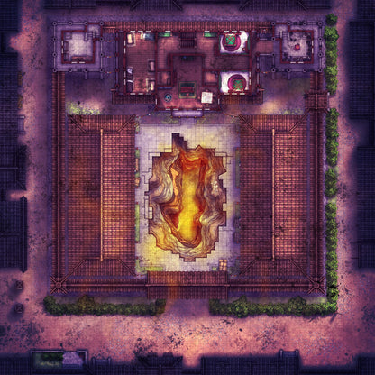 Imperial Caravanserai Post Station & Inn Battlemap - fiery courtyard chasm - Digital, Foundry VTT, Print