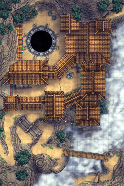 Iron Gate Monk Monastery Battlemap - overhead view fantasy village - Digital, Foundry VTT, Print