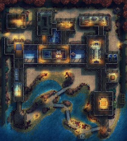 Japanese Mansion — Shinden Zukuri Battlemap - Autumn Night 01 - DnD Map, Digital, Foundry VTT, Print