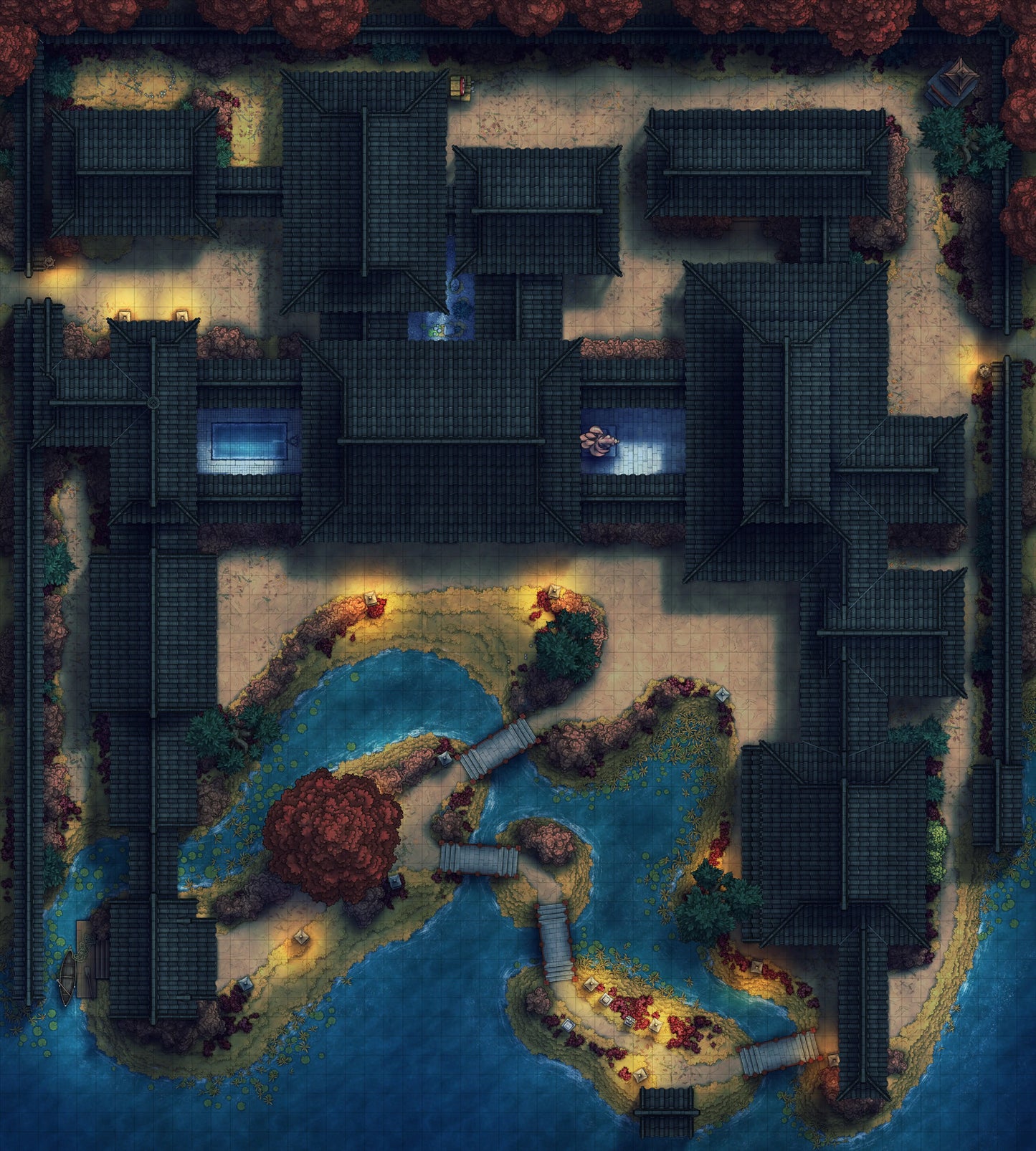 Japanese Mansion — Shinden Zukuri Battlemap - Autumn Night 02 - DnD Map, Digital, Foundry VTT, Print