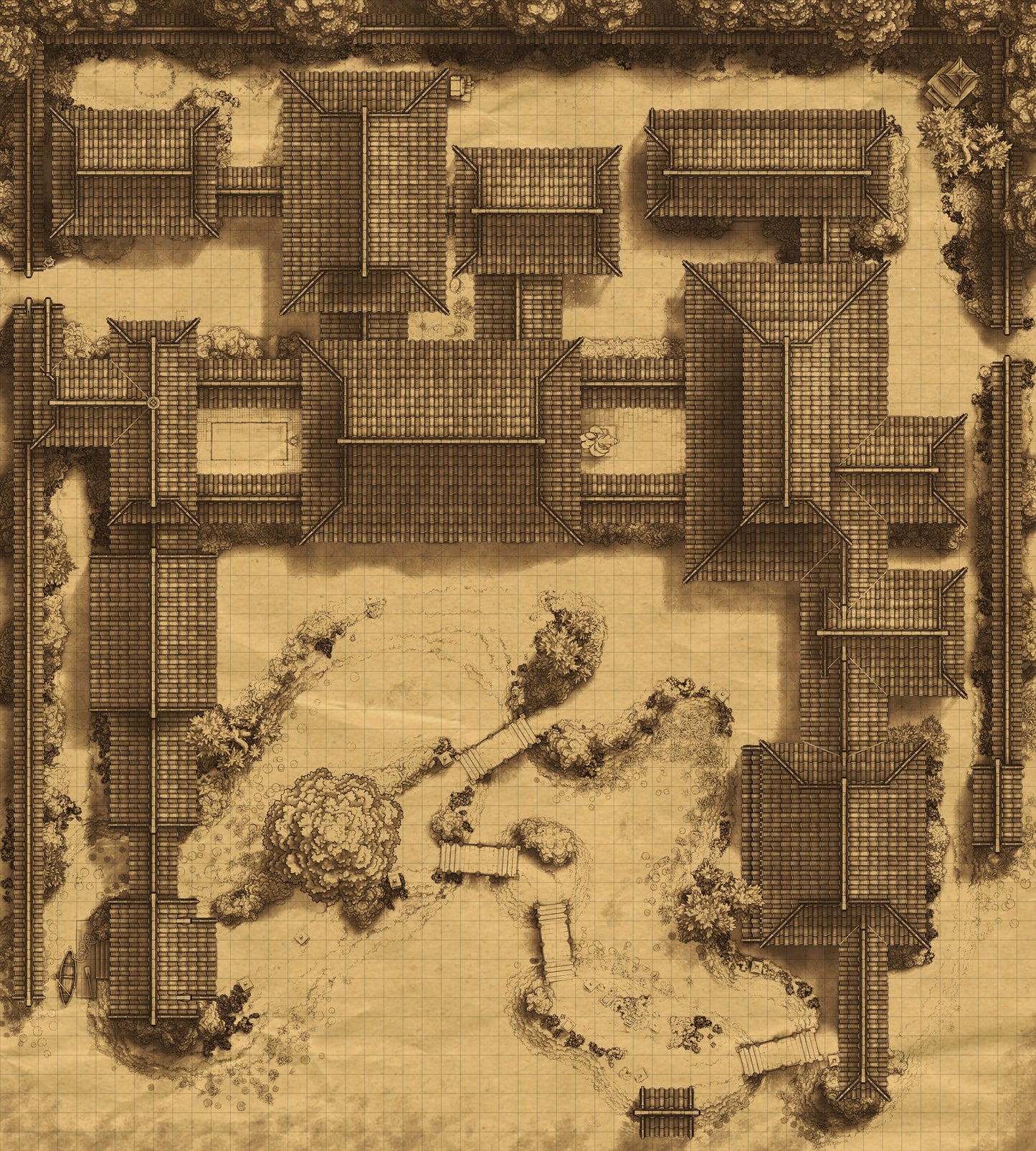 Japanese Mansion — Shinden Zukuri Battlemap - Blueprint 02 - DnD Map, Digital, Foundry VTT, Print