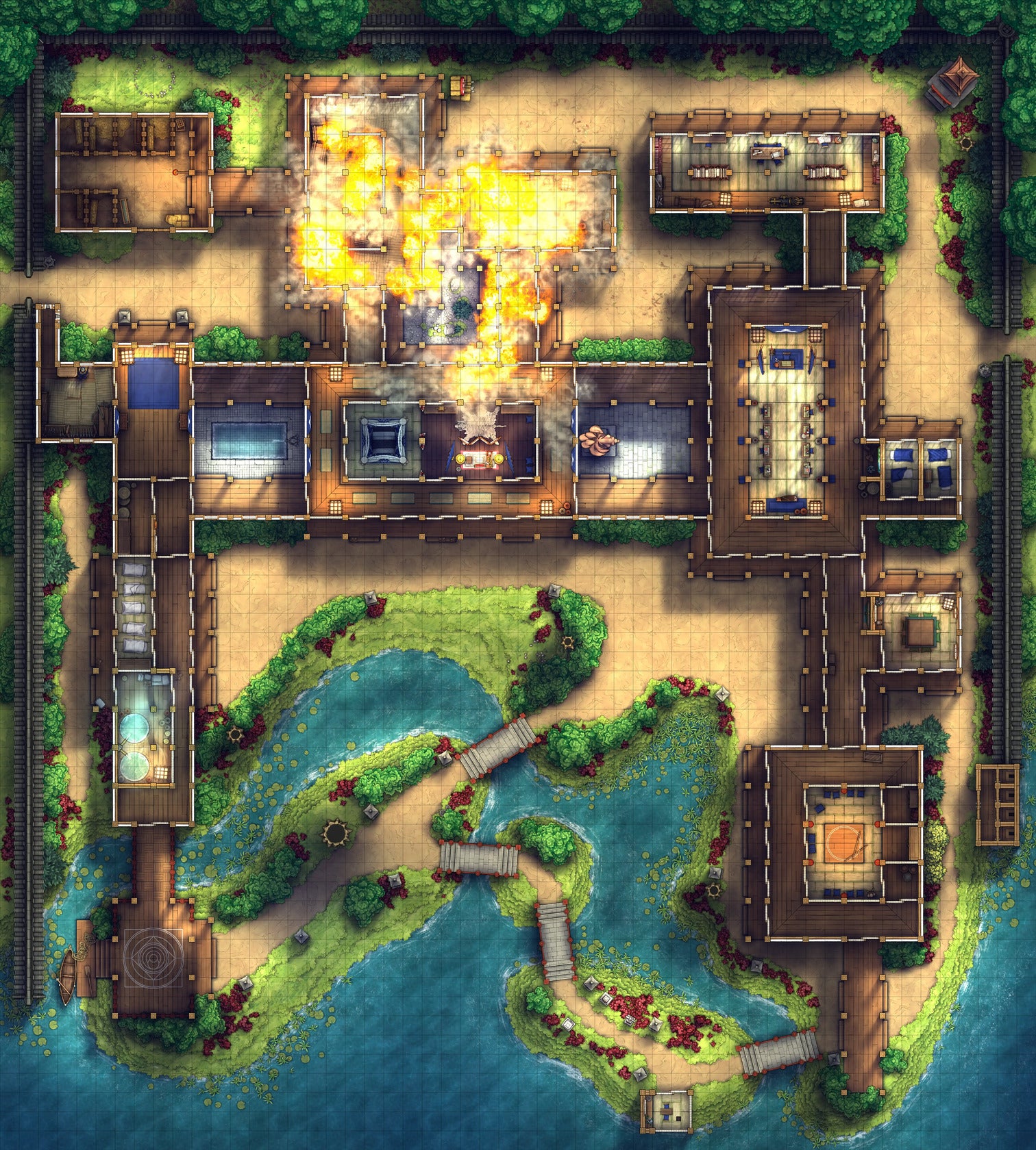 Japanese Mansion — Shinden Zukuri Battlemap - Fire 01 - DnD Map, Digital, Foundry VTT, Print