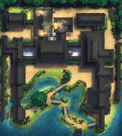 Japanese Mansion — Shinden Zukuri Battlemap - Fire 02 - DnD Map, Digital, Foundry VTT, Print
