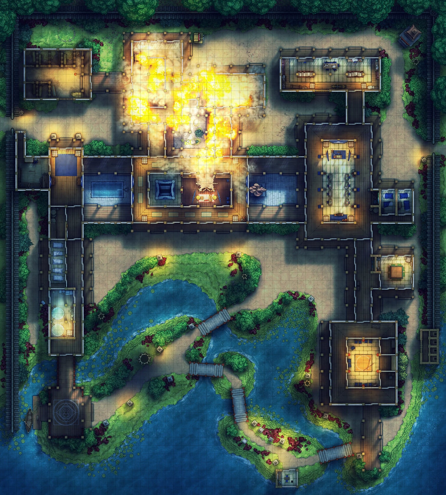 Japanese Mansion — Shinden Zukuri Battlemap - Fire Night 01 - DnD Map, Digital, Foundry VTT, Print