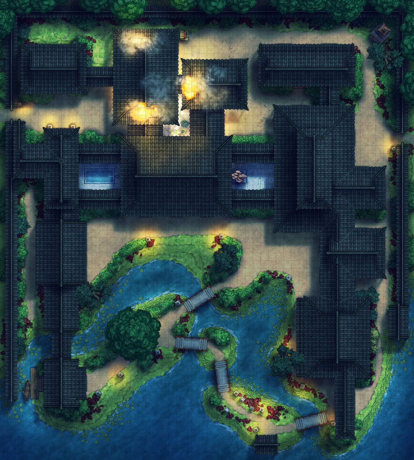 Japanese Mansion — Shinden Zukuri Battlemap - Fire Night 02 - DnD Map, Digital, Foundry VTT, Print