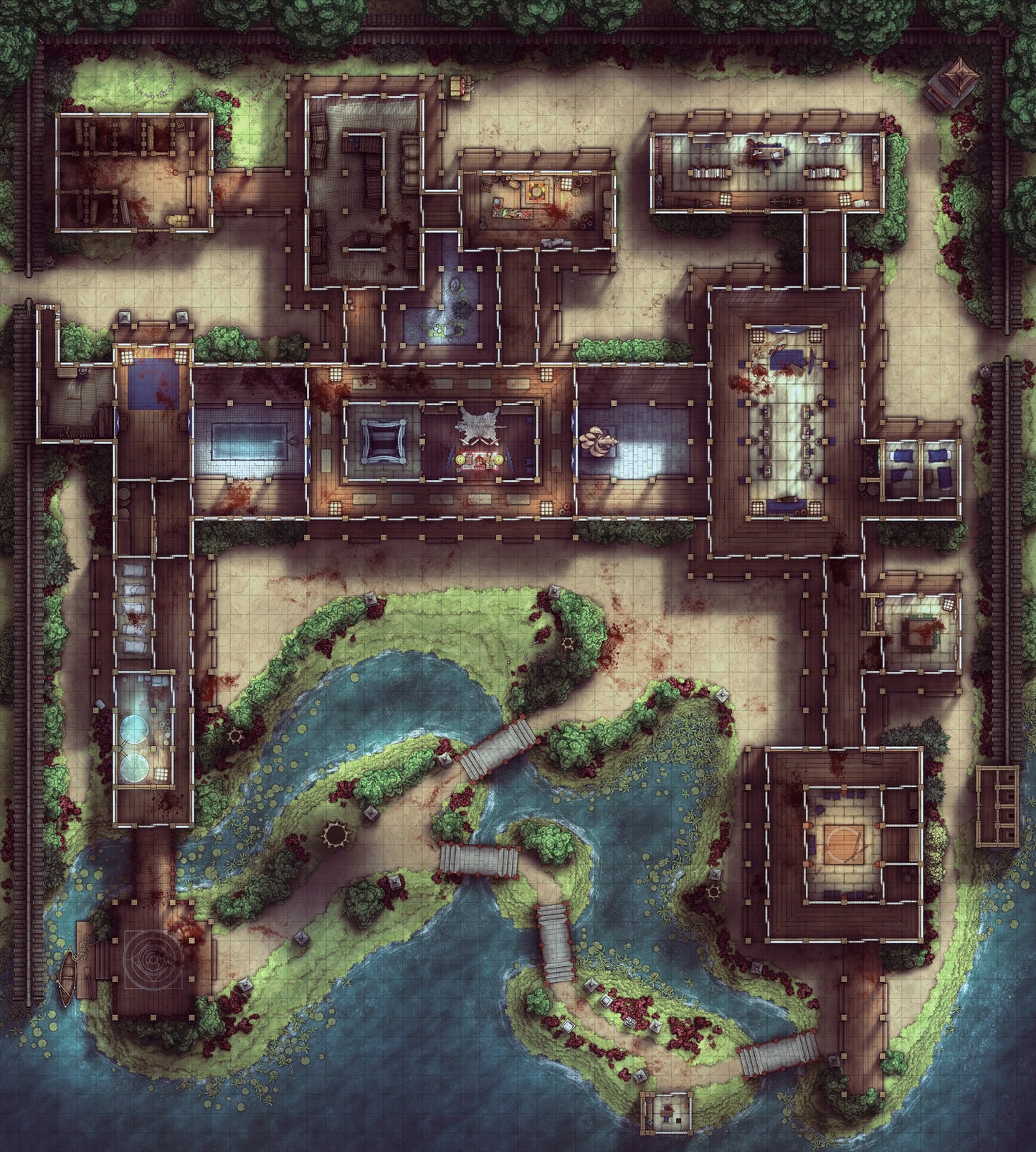 Japanese Mansion — Shinden Zukuri Battlemap - Massacre 01 - DnD Map, Digital, Foundry VTT, Print