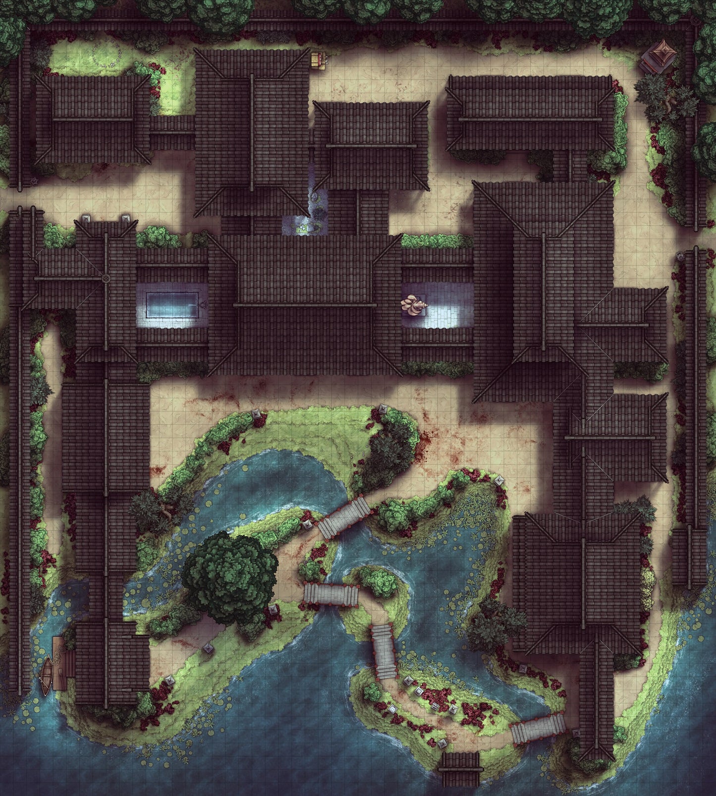Japanese Mansion — Shinden Zukuri Battlemap - Massacre 02 - DnD Map, Digital, Foundry VTT, Print