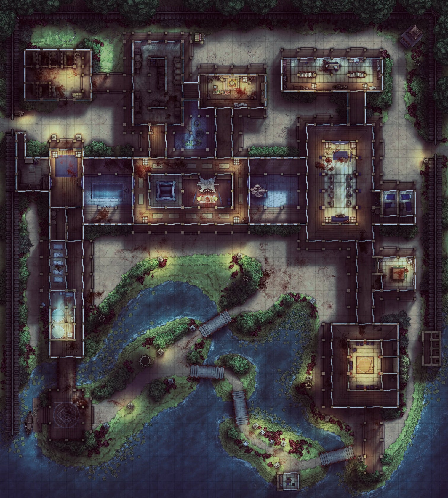 Japanese Mansion — Shinden Zukuri Battlemap - Massacre Night 01 - DnD Map, Digital, Foundry VTT, Print