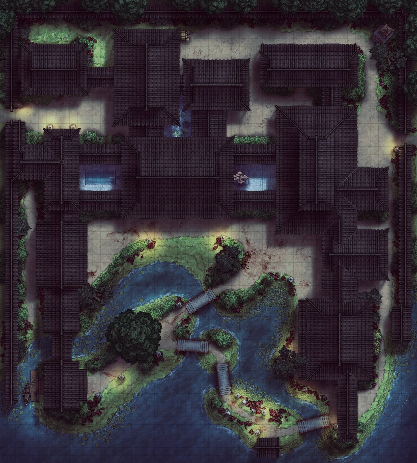 Japanese Mansion — Shinden Zukuri Battlemap - Massacre Night 02 - DnD Map, Digital, Foundry VTT, Print