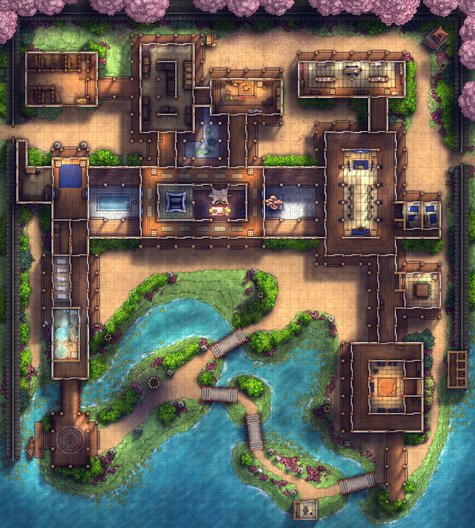 Japanese Mansion — Shinden Zukuri Battlemap - Spring 01 - DnD Map, Digital, Foundry VTT, Print