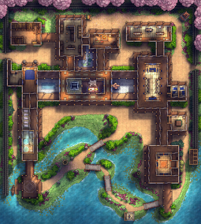 Japanese Mansion — Shinden Zukuri Battlemap - Spring 01 - DnD Map, Digital, Foundry VTT, Print