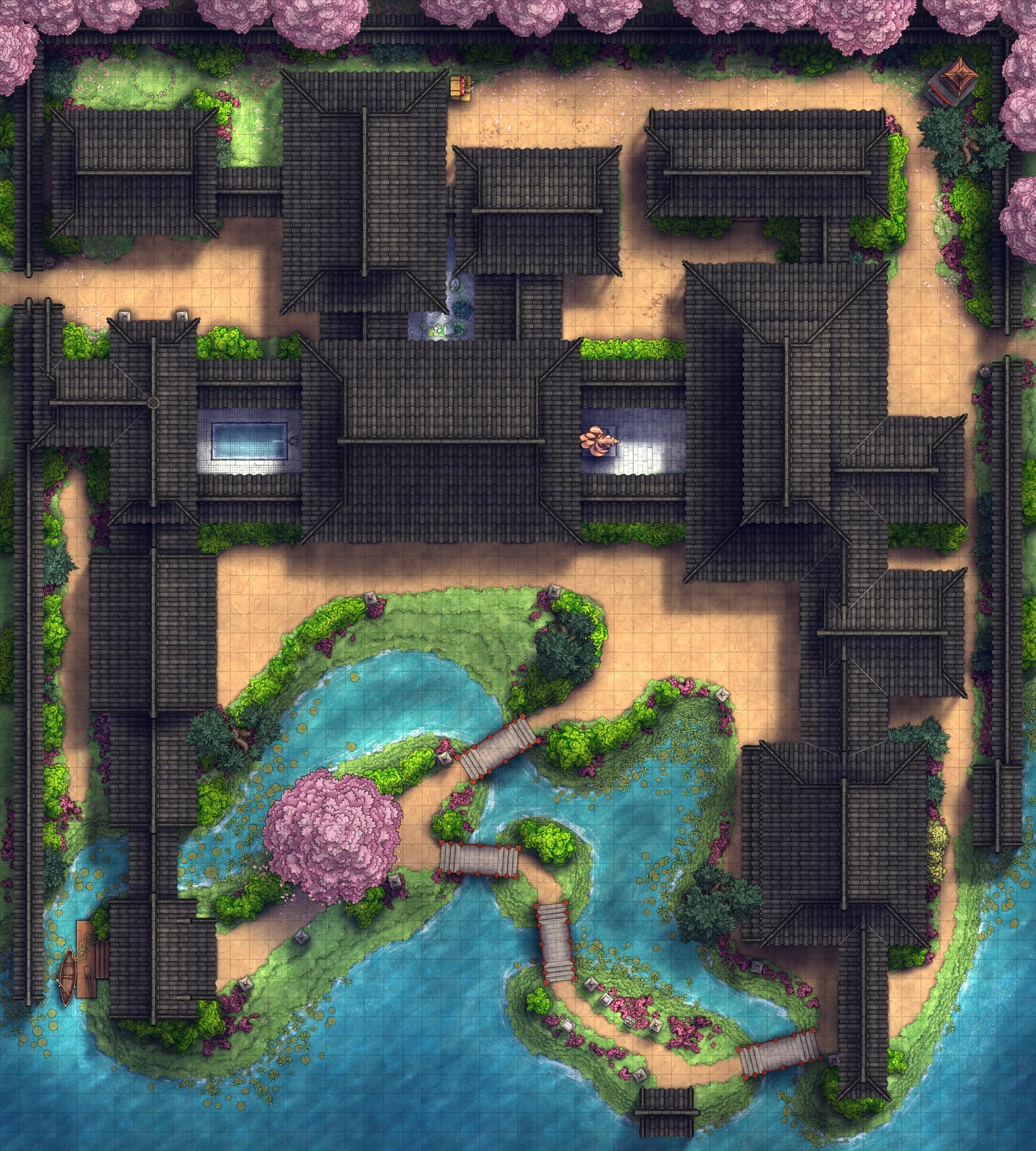 Japanese Mansion — Shinden Zukuri Battlemap - Spring 02 - DnD Map, Digital, Foundry VTT, Print
