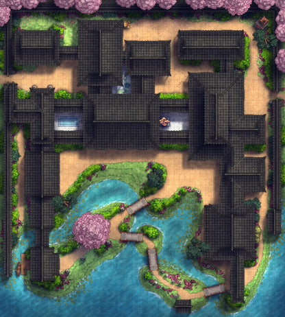 Japanese Mansion — Shinden Zukuri Battlemap - Spring 02 - DnD Map, Digital, Foundry VTT, Print