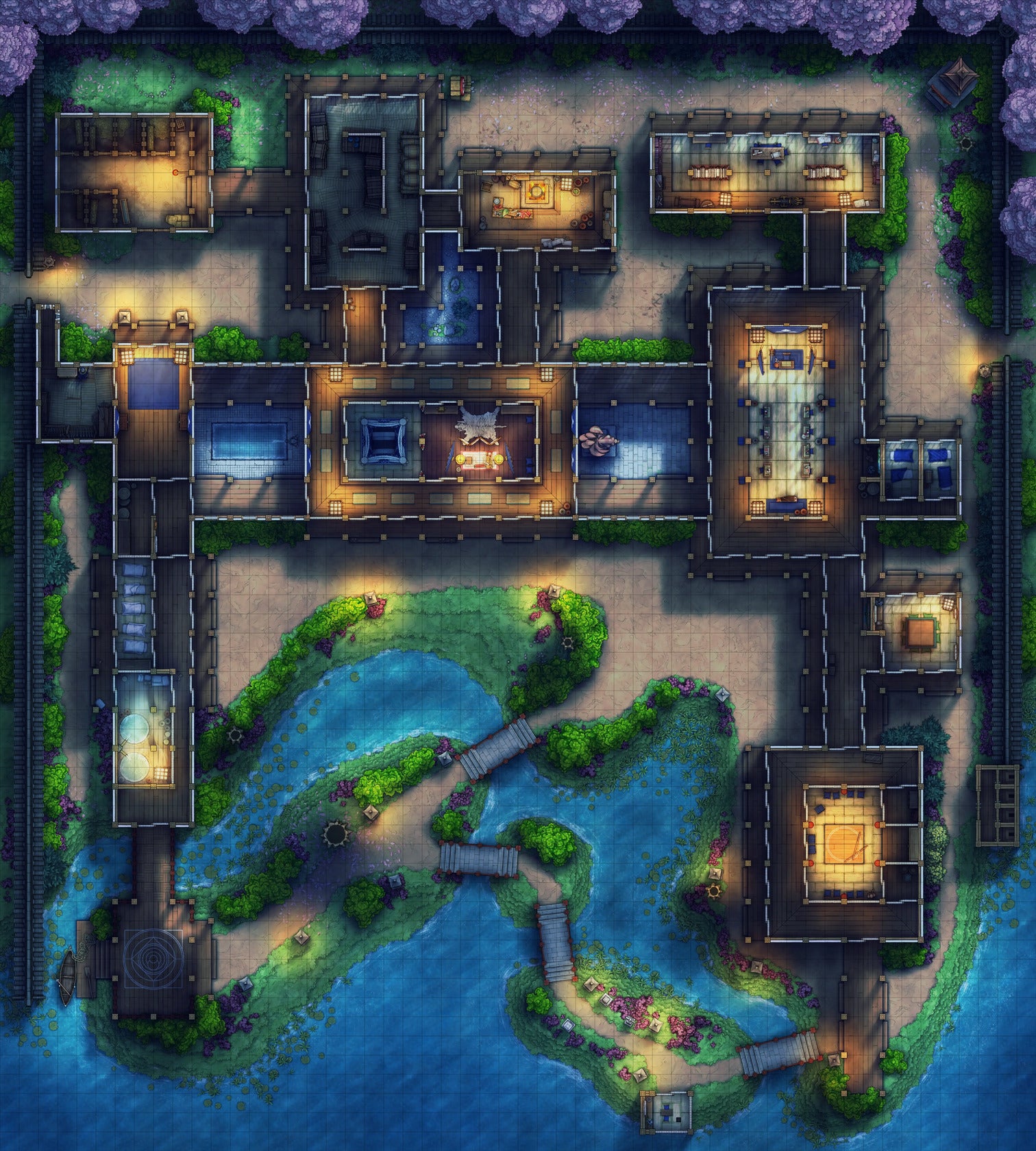 Japanese Mansion — Shinden Zukuri Battlemap - Spring Night 01 - DnD Map, Digital, Foundry VTT, Print