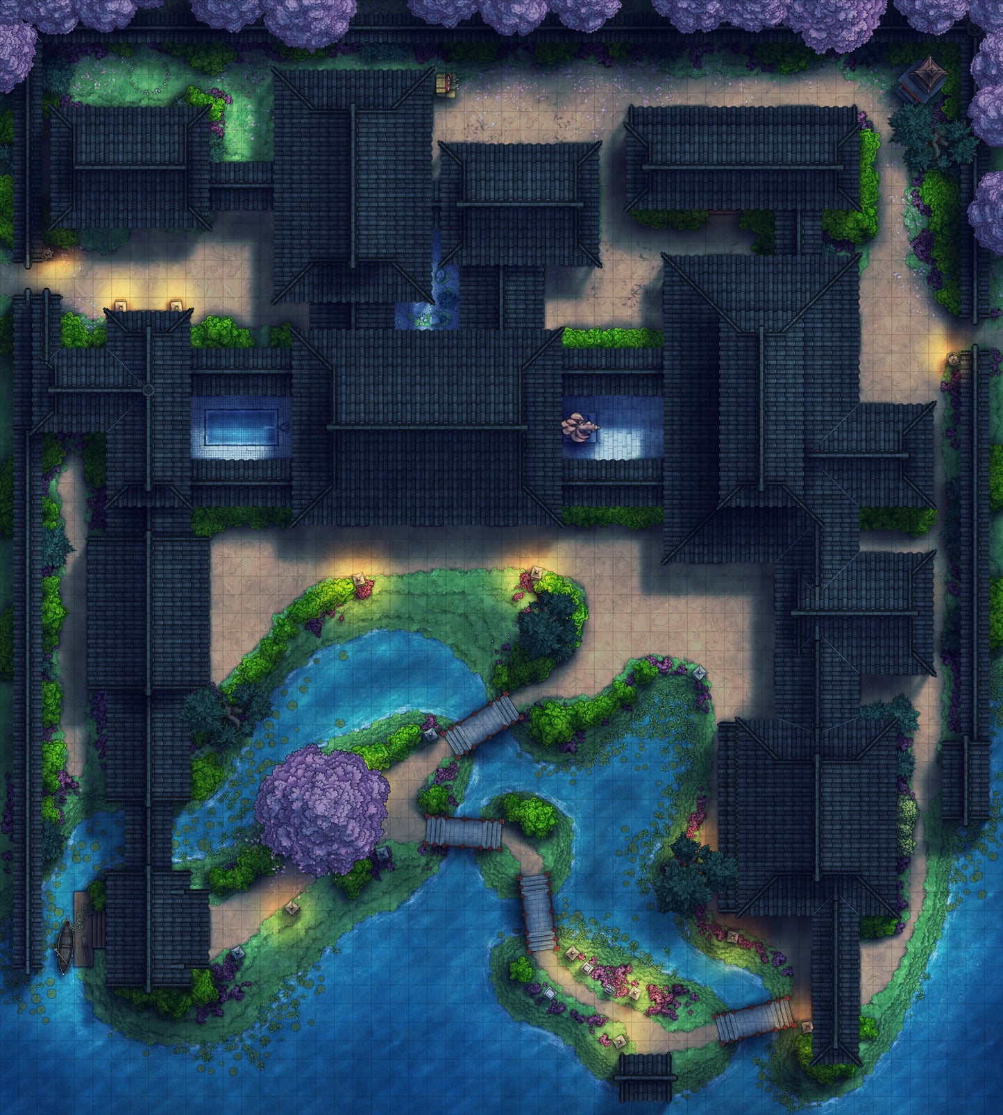 Japanese Mansion — Shinden Zukuri Battlemap - Spring Night 02 - DnD Map, Digital, Foundry VTT, Print
