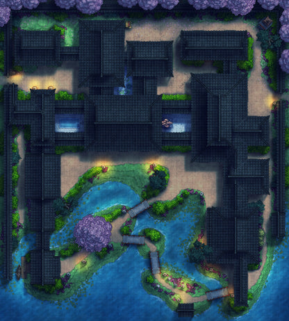 Japanese Mansion — Shinden Zukuri Battlemap - Spring Night 02 - DnD Map, Digital, Foundry VTT, Print