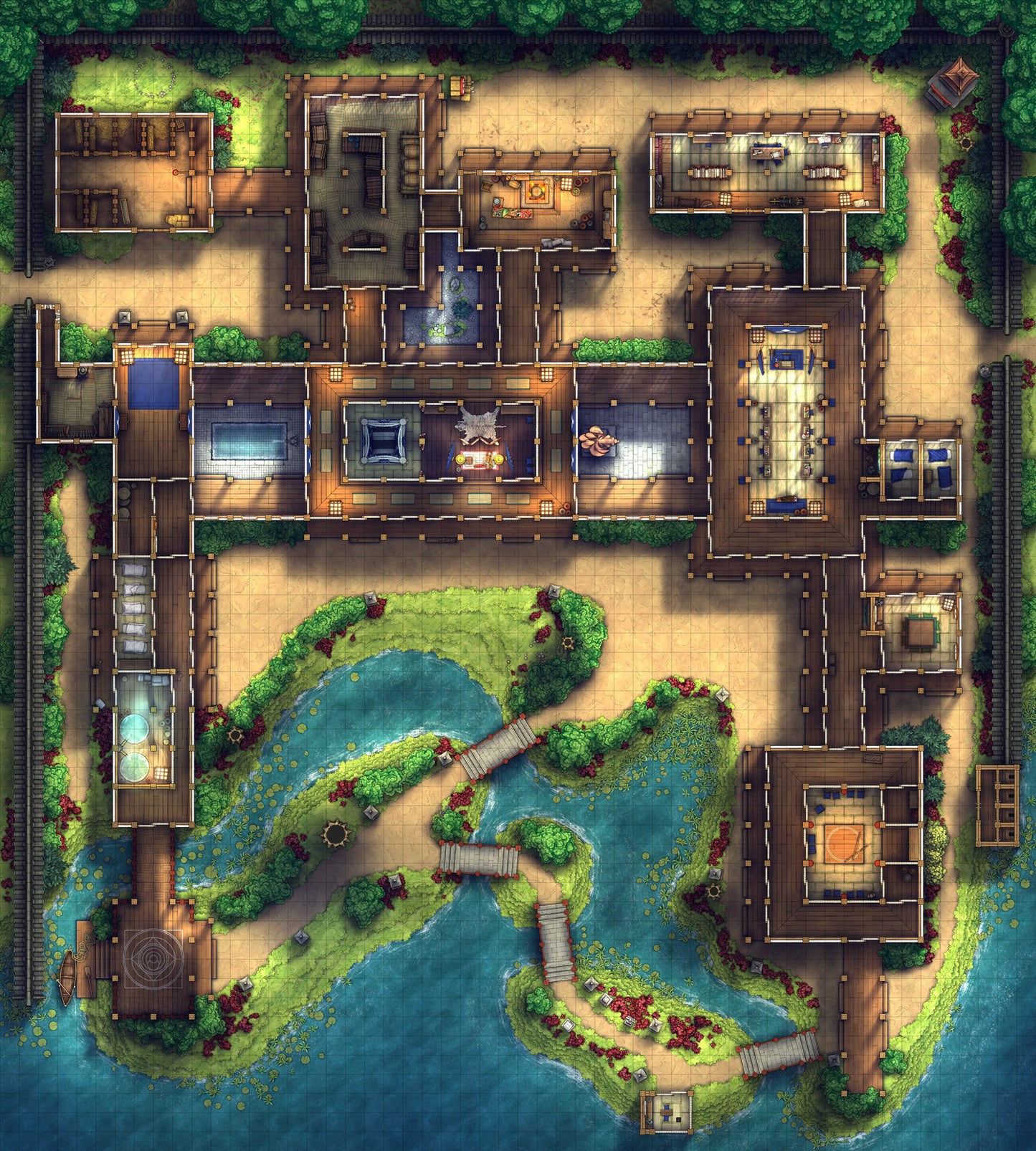 Japanese Mansion — Shinden Zukuri Battlemap - Summer 01 - DnD Map, Digital, Foundry VTT, Print