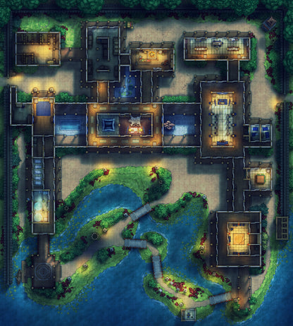 Japanese Mansion — Shinden Zukuri Battlemap - Summer Night 01 - DnD Map, Digital, Foundry VTT, Print
