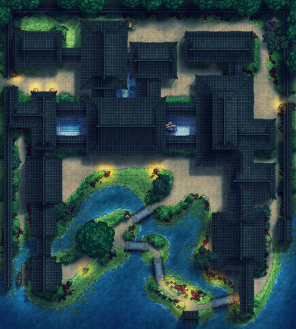 Japanese Mansion — Shinden Zukuri Battlemap - Summer Night 02 - DnD Map, Digital, Foundry VTT, Print