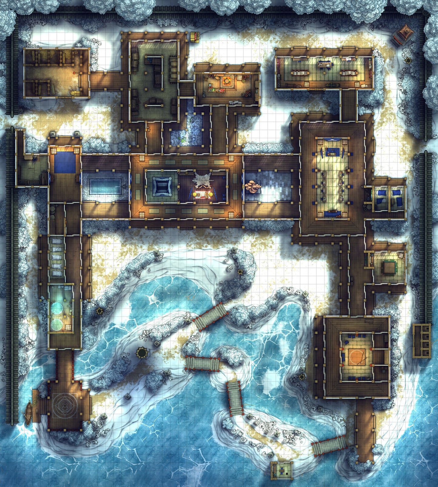 Japanese Mansion — Shinden Zukuri Battlemap - Winter 01 - DnD Map, Digital, Foundry VTT, Print