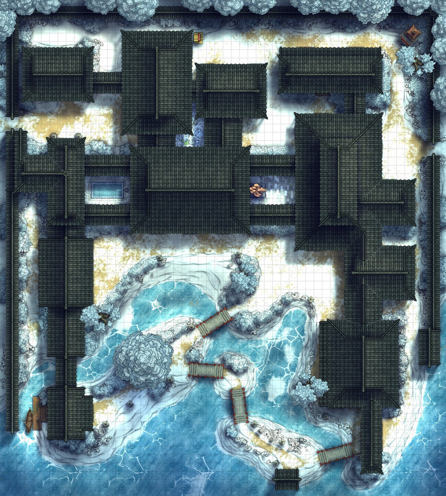 Japanese Mansion — Shinden Zukuri Battlemap - Winter 02 - DnD Map, Digital, Foundry VTT, Print