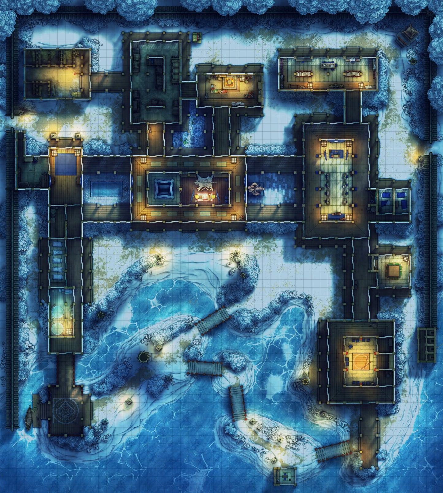 Japanese Mansion — Shinden Zukuri Battlemap - Winter Night 01 - DnD Map, Digital, Foundry VTT, Print