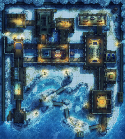 Japanese Mansion — Shinden Zukuri Battlemap - Winter Night 01 - DnD Map, Digital, Foundry VTT, Print