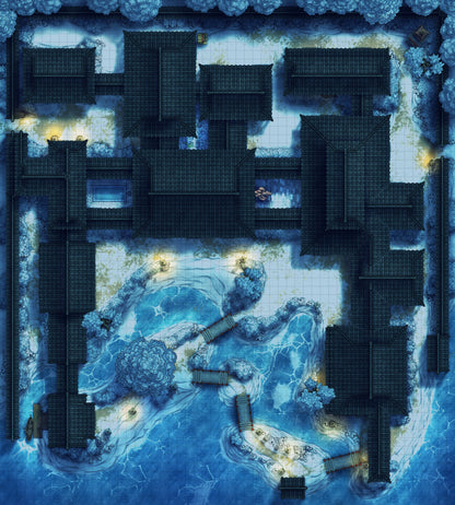 Japanese Mansion — Shinden Zukuri Battlemap - Winter Night 02 - DnD Map, Digital, Foundry VTT, Print