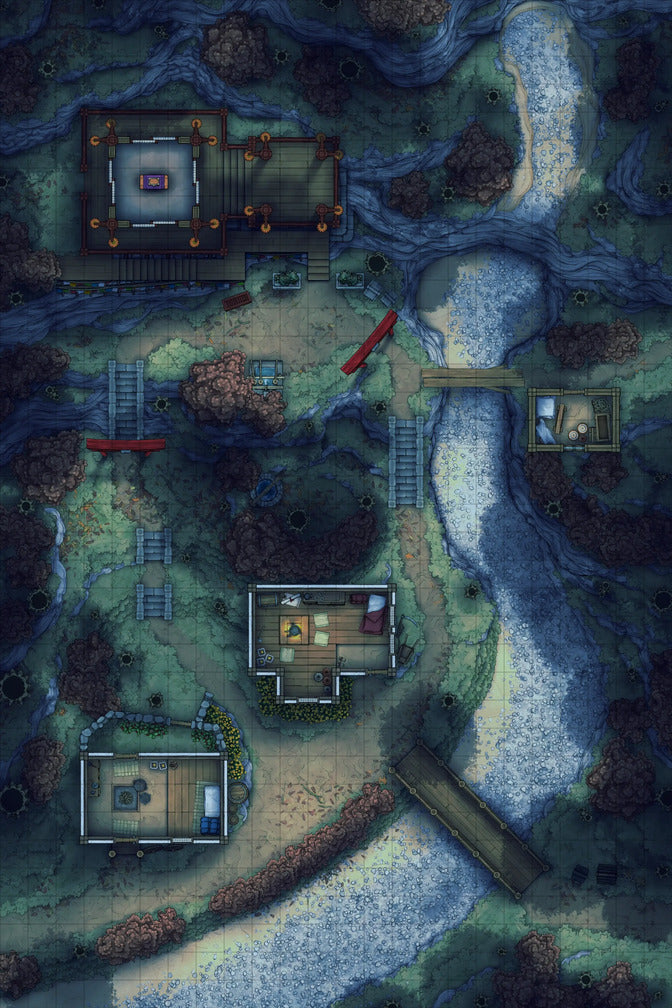 Japanese Mountain Village Temple Map Battlemap - overhead view village - Digital, Foundry VTT, Print