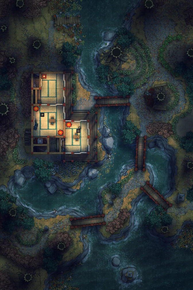 Japanese Tea House Battlemap - Japanese Tea House 24x36 Autumn Night 01