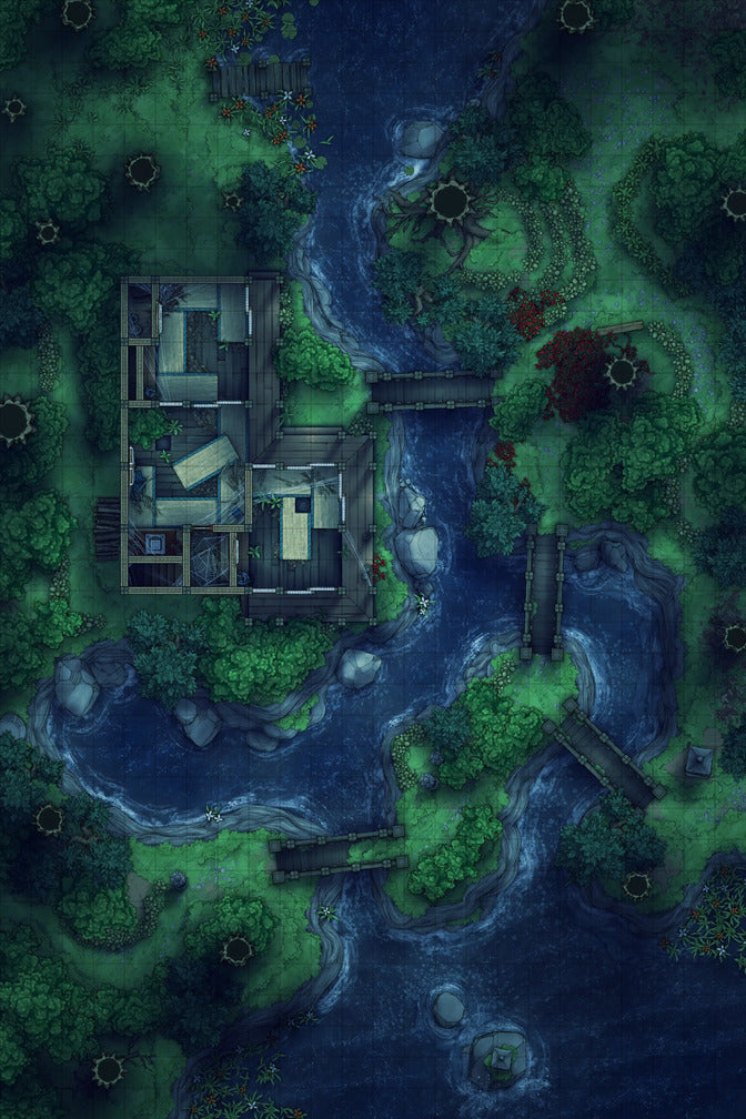 Japanese Tea House Battlemap - Japanese Tea House 24x36 Wrecked Night 01