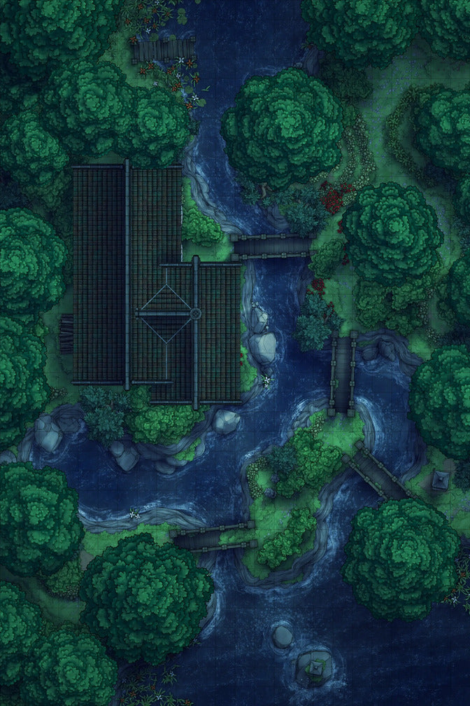 Japanese Tea House Battlemap - Japanese Tea House 24x36 Wrecked Night 02