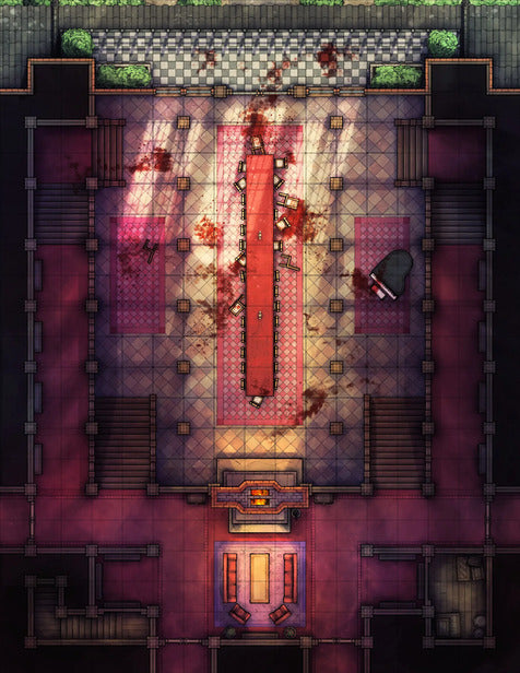 Scarlet Devil Mansion Ballroom & Library Battlemap - blood-splattered banquet hall - Digital, Foundry VTT, Print