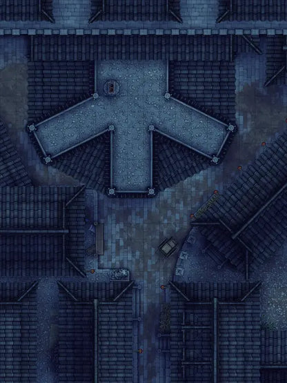 Silk Pony Inn Battlemap - overhead view dark stone city - Digital, Foundry VTT, Print