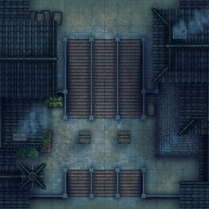 Modular Japanese City Streets Tileset Battlemap - overhead view dark urban marketplace - Digital, Foundry VTT, Print