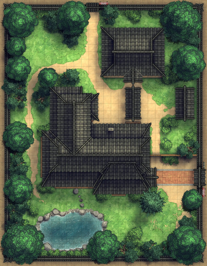 Japanese Manor - Tendo Dojo Battlemap - japanese-style walled compound - Digital, Foundry VTT, Print