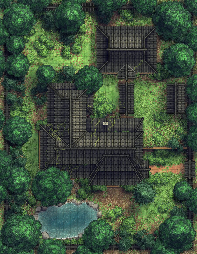 Japanese Manor - Tendo Dojo Battlemap - overhead view japanese-style complex - Digital, Foundry VTT, Print