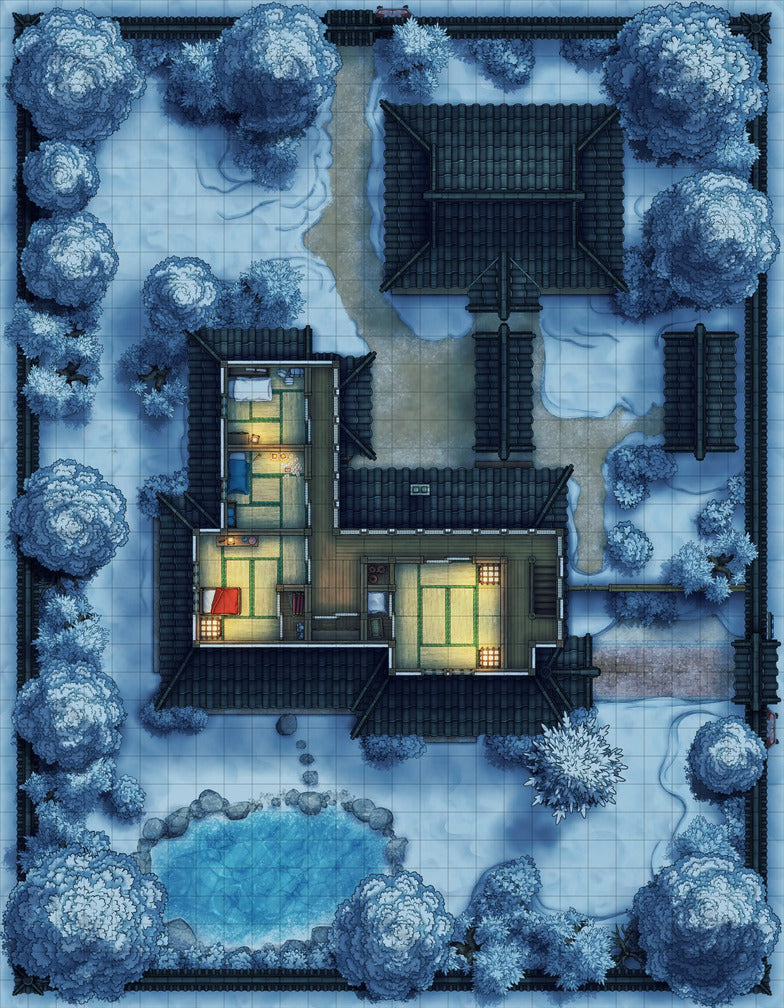 Japanese Manor - Tendo Dojo Battlemap - snowy japanese estate - Digital, Foundry VTT, Print