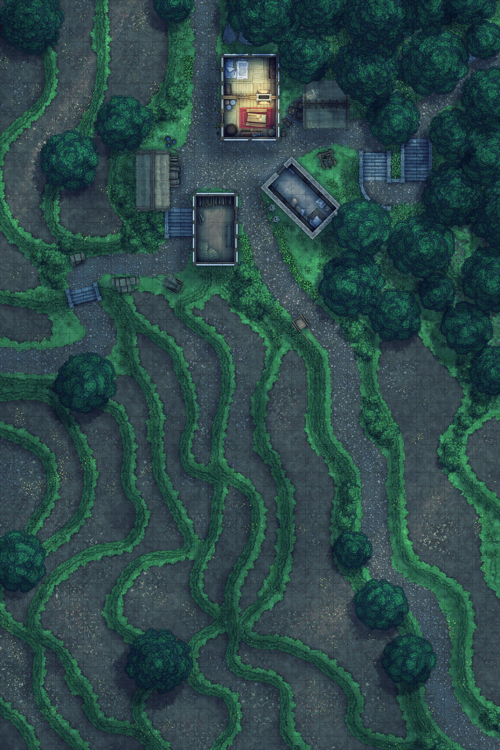 Terraced Rice Paddy Farm Battlemap - overhead view village - Digital, Foundry VTT, Print