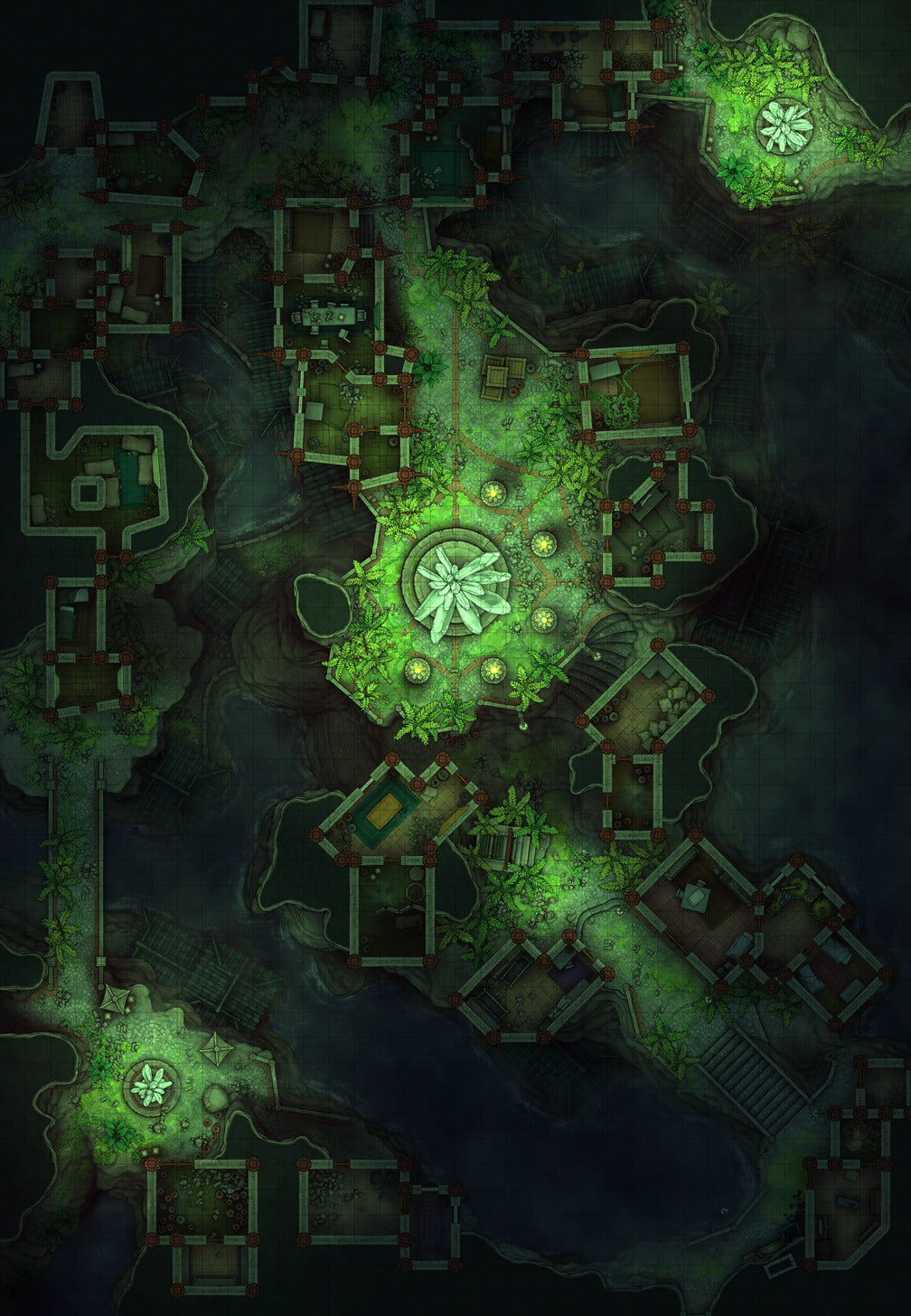 Underdark City Center Battlemap - Underdark City Center 36x52 Overgrown Jungle Ruins