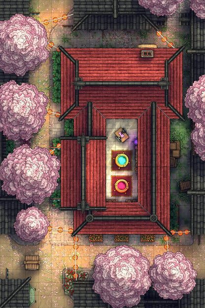 Alchemist’s Sweets Shop & Laboratory Battlemap - overhead view red-roofed courtyard - Digital, Foundry VTT, Print