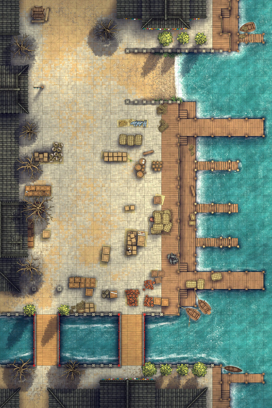 Asian City Seaport Dock Warehouse Battlemap - coastal port - Digital, Foundry VTT, Print
