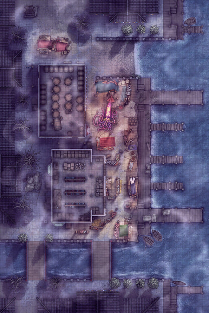 Asian City Seaport Dock Warehouse Battlemap - coastal town map - Digital, Foundry VTT, Print